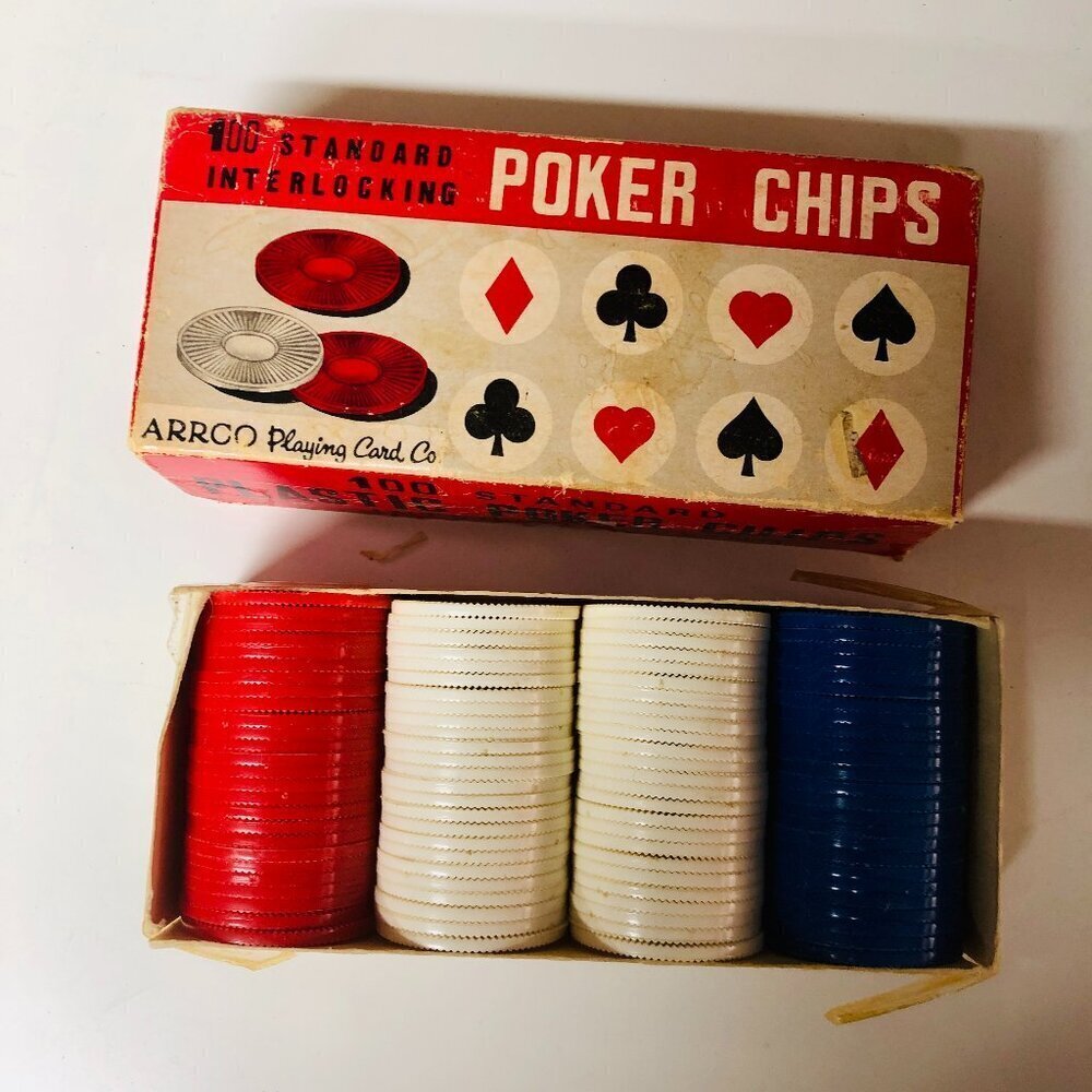 Vintage 1960 ARRCO Poker Chips, 100 Standard Interlocking Chips, Complete Box